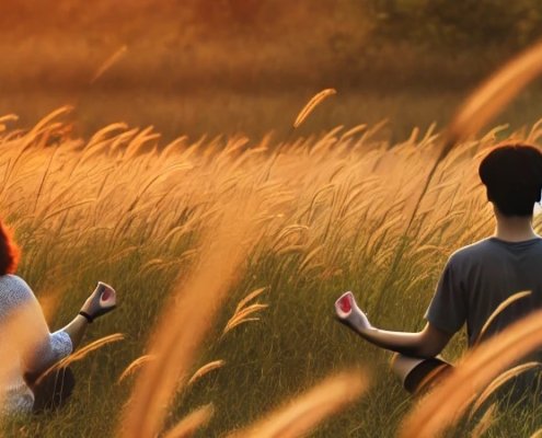 Dos personas meditando en medio de un campo de trigo