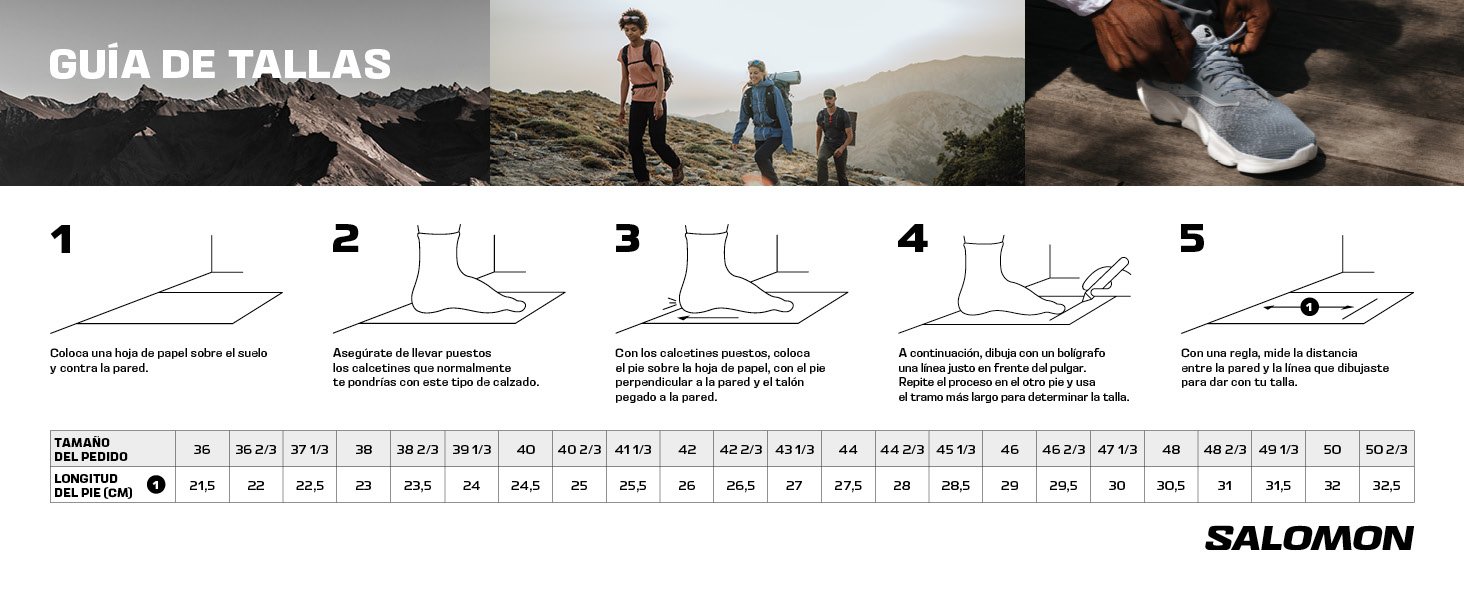 Tabla de la marca Salomon de calzado deportivo en la que se muestra como medirse el pie y qué relación tiene con la talla del zapato