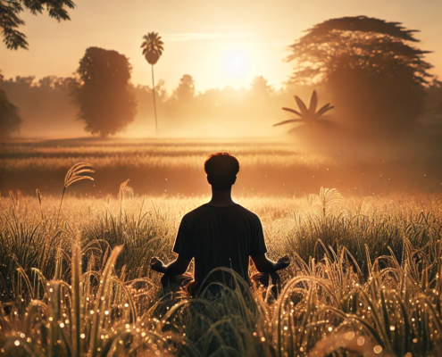 Una silueta humana en posición de meditación viendo el atardecer. Para el Post de Vivo el Presente de Jaime Segarra (jaimesegarra.com)