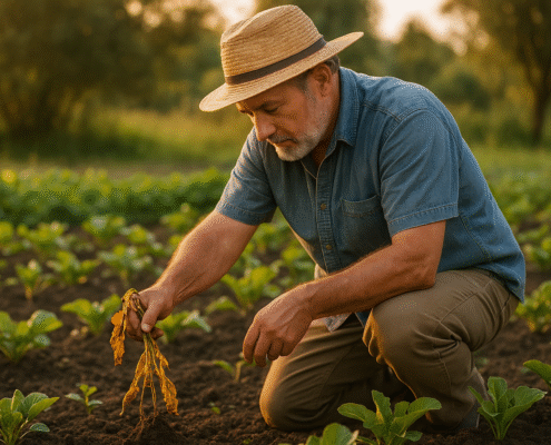 Hortelano arrancado una planta mala