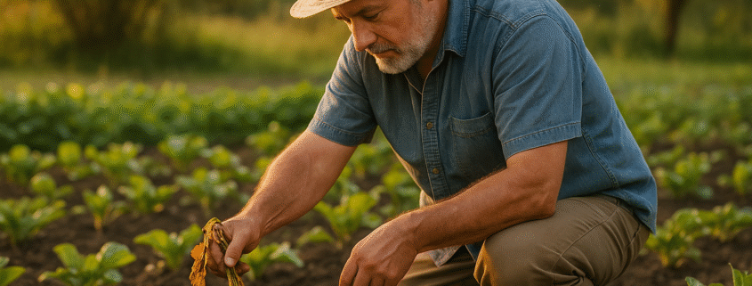 Hortelano arrancado una planta mala