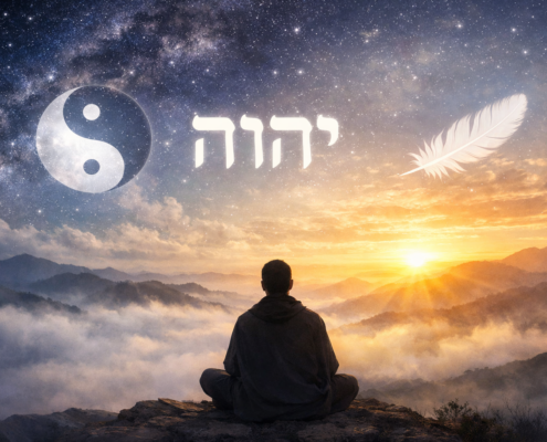 El Nombre que es sin nombre. La imagen describe a un hombre meditando con el ying yang a un lado, el tetagrama en Hebreo YHWH en otro