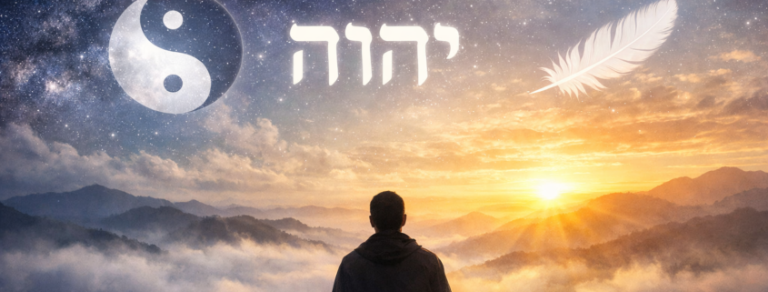 El Nombre que es sin nombre. La imagen describe a un hombre meditando con el ying yang a un lado, el tetagrama en Hebreo YHWH en otro